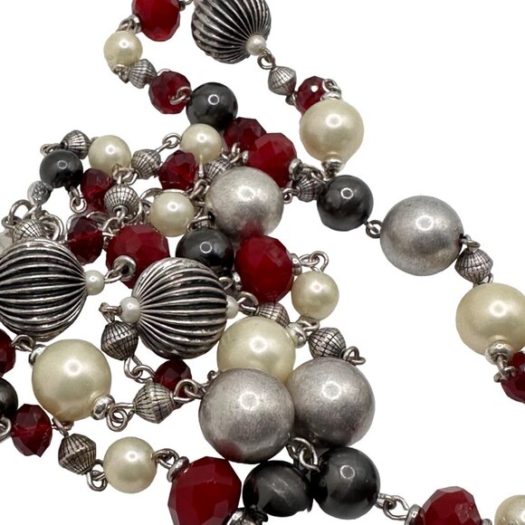 Premier Designs Vintage Bead Necklace Signed Red Black White Silver Tone 36” - Picture 2 of 7